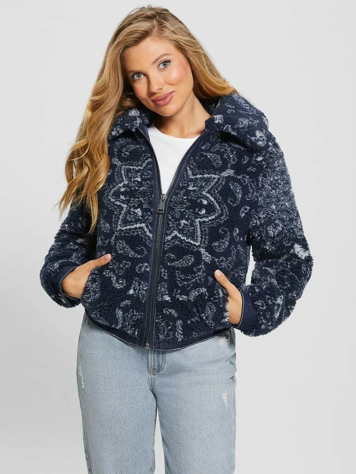 Jackets and Coats Women Eco Carmela Printed Sherpa Jacket Blue Bandana Combo GUESS Jackets and Coats Women Eco Carmela Printed Sherpa Jacket Blue Bandana Combo GUESS