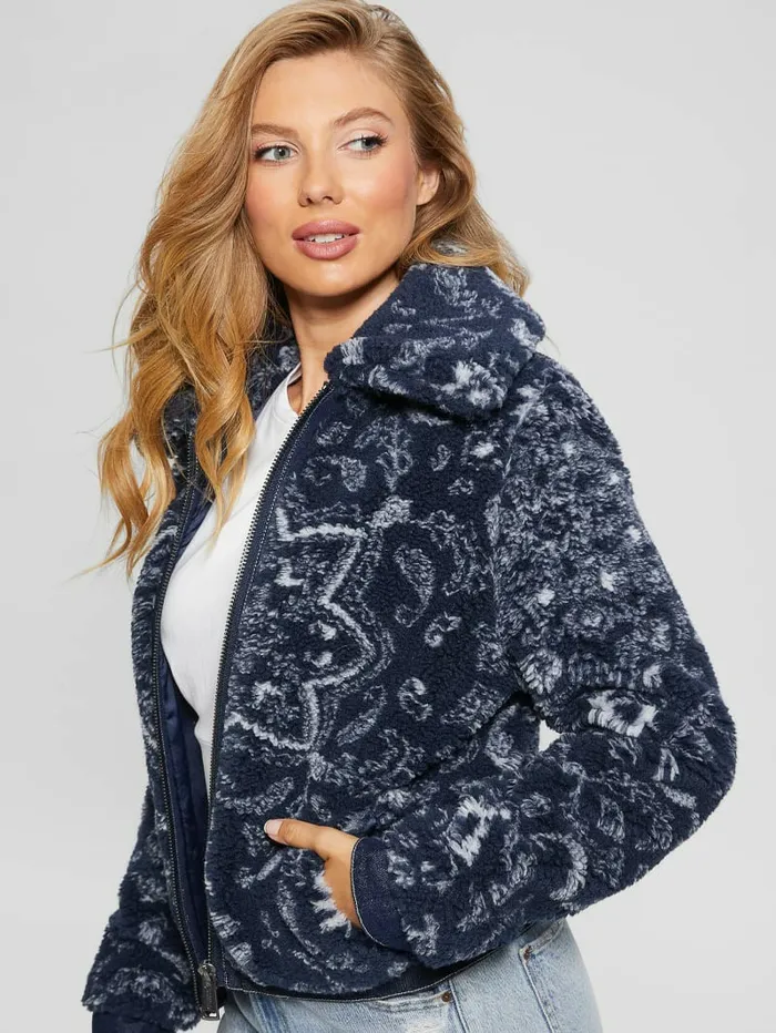 Jackets and Coats Women Eco Carmela Printed Sherpa Jacket Blue Bandana Combo GUESS Jackets and Coats Women Eco Carmela Printed Sherpa Jacket Blue Bandana Combo GUESS