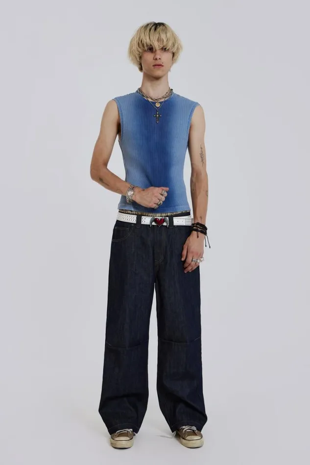 Jaded London Baggy Jeans Men Raw Blue Denim Razor Jeans Blue
