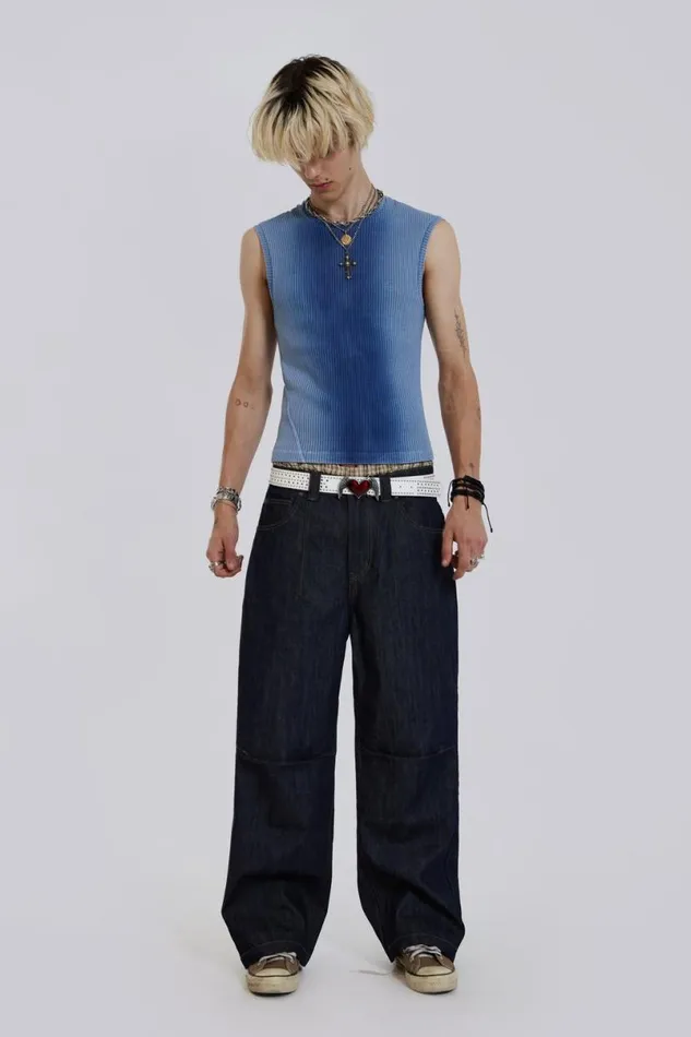 Jaded London Baggy Jeans Men Raw Blue Denim Razor Jeans Blue
