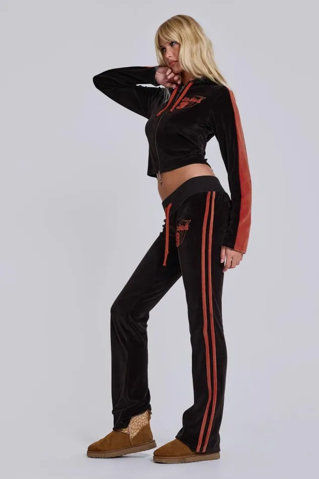 Jaded London Baggy Joggers and Sweatpants Women Brown Three Velour Lowrise Bootcut Trousers Brown