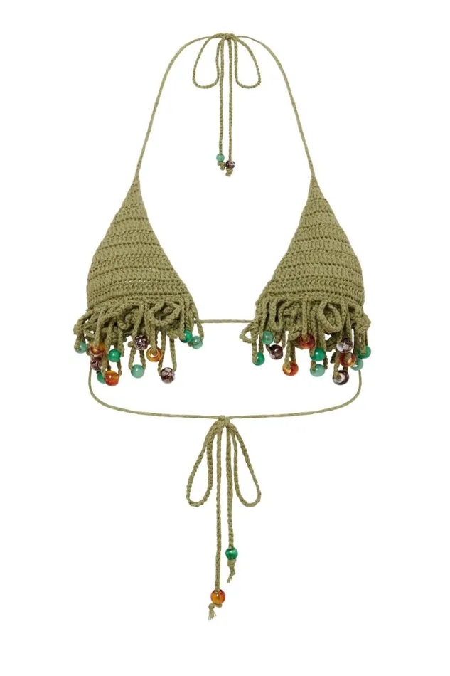 Jaded London Bikini Tops Women Green Canary Knit Micro Bikini Top With Beaded Trim Green