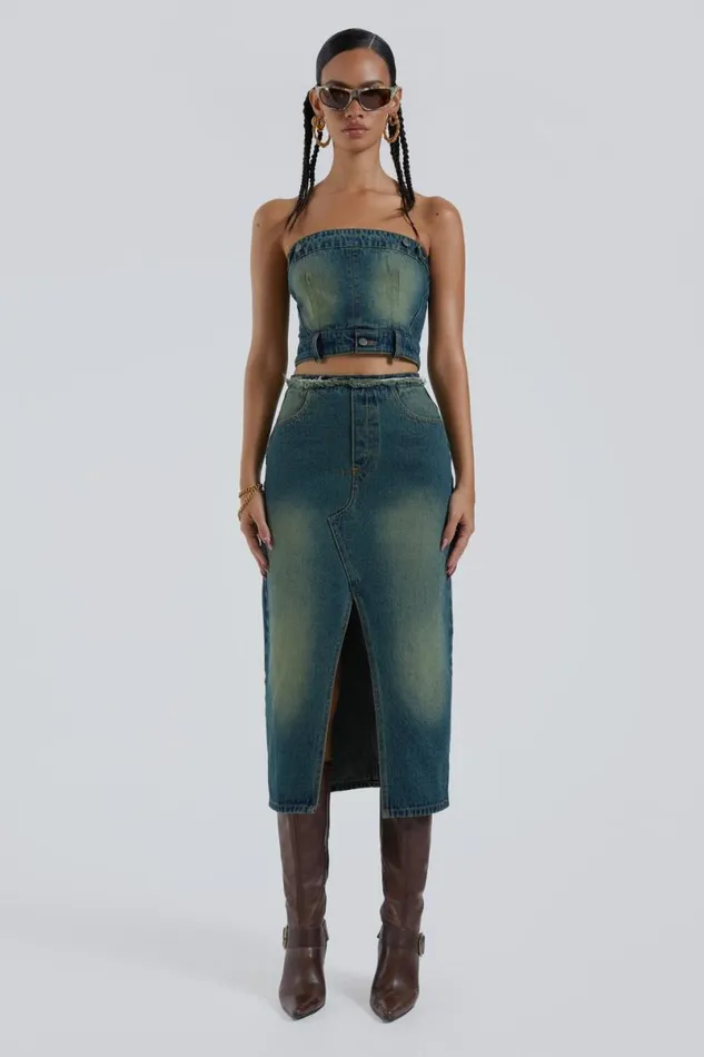 Jaded London CoOrds Women Liberty 2 In 1 Detachable Denim Blue Midi Dress Blue