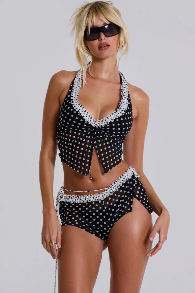 Jaded London CoOrds Women Polka Ruffle Wrap Mini Shorts Black