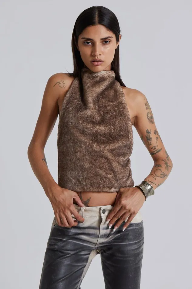 Jaded London Crop Tops Women Faux Fur Zene Backless Top Brown