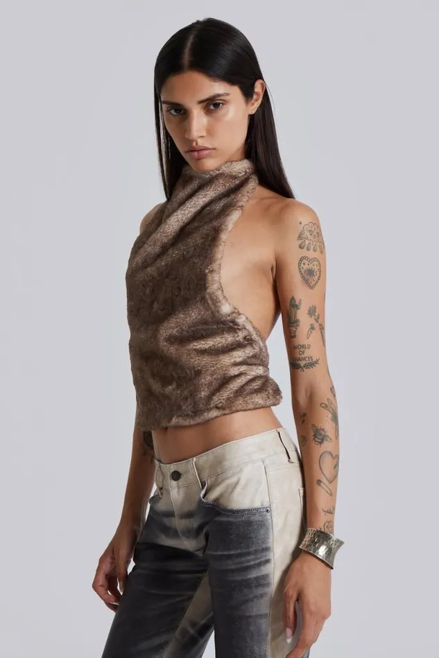 Jaded London Crop Tops Women Faux Fur Zene Backless Top Brown