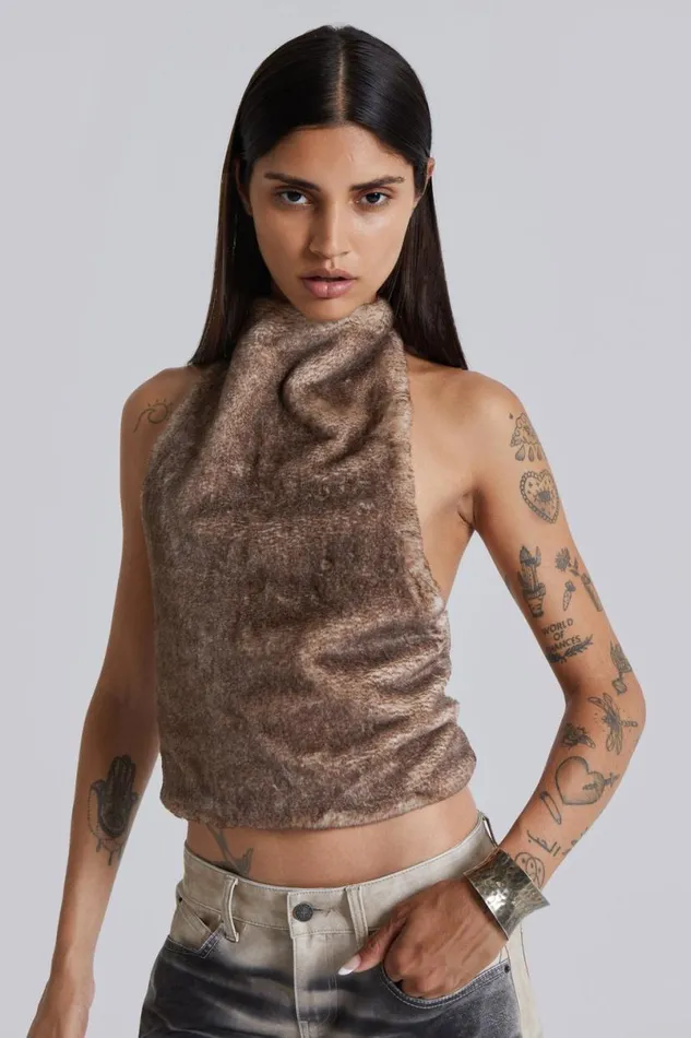 Jaded London Crop Tops Women Faux Fur Zene Backless Top Brown