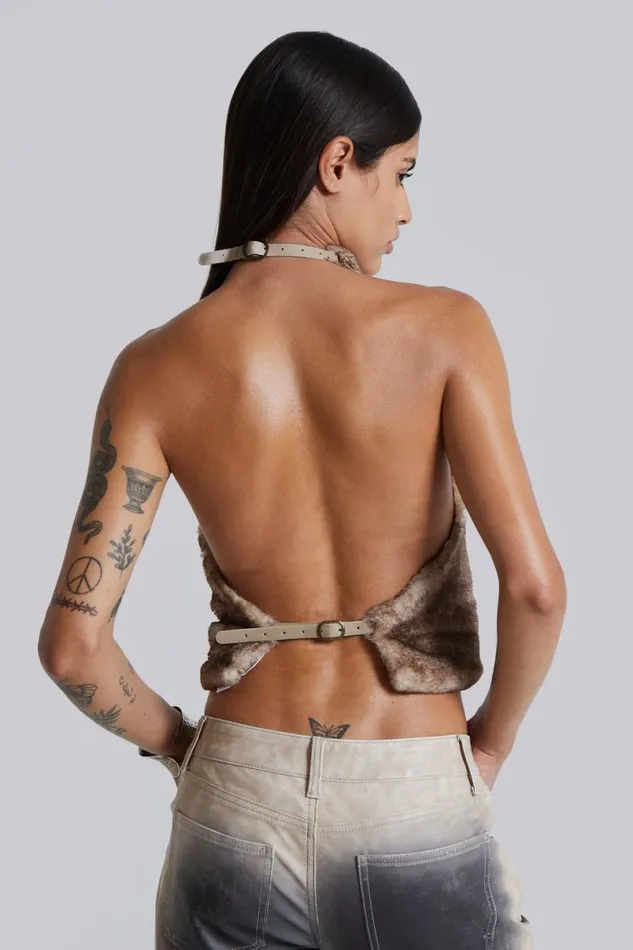 Jaded London Crop Tops Women Faux Fur Zene Backless Top Brown