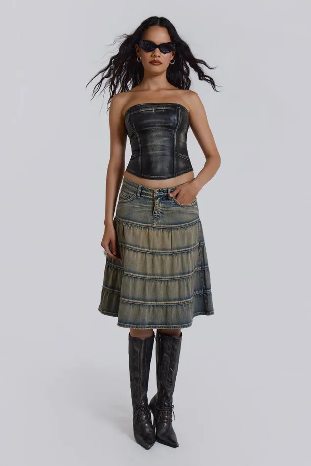 Jaded London Denim Skirts Women Kutki Denim Midi Skirt Blue
