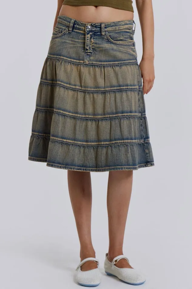 Jaded London Denim Skirts Women Kutki Denim Midi Skirt Blue