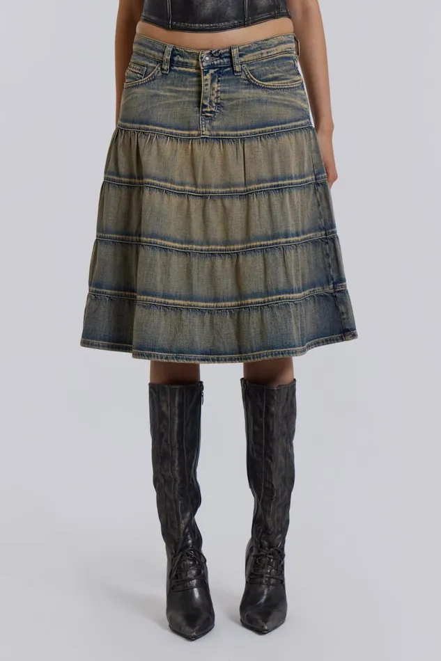Jaded London Denim Skirts Women Kutki Denim Midi Skirt Blue