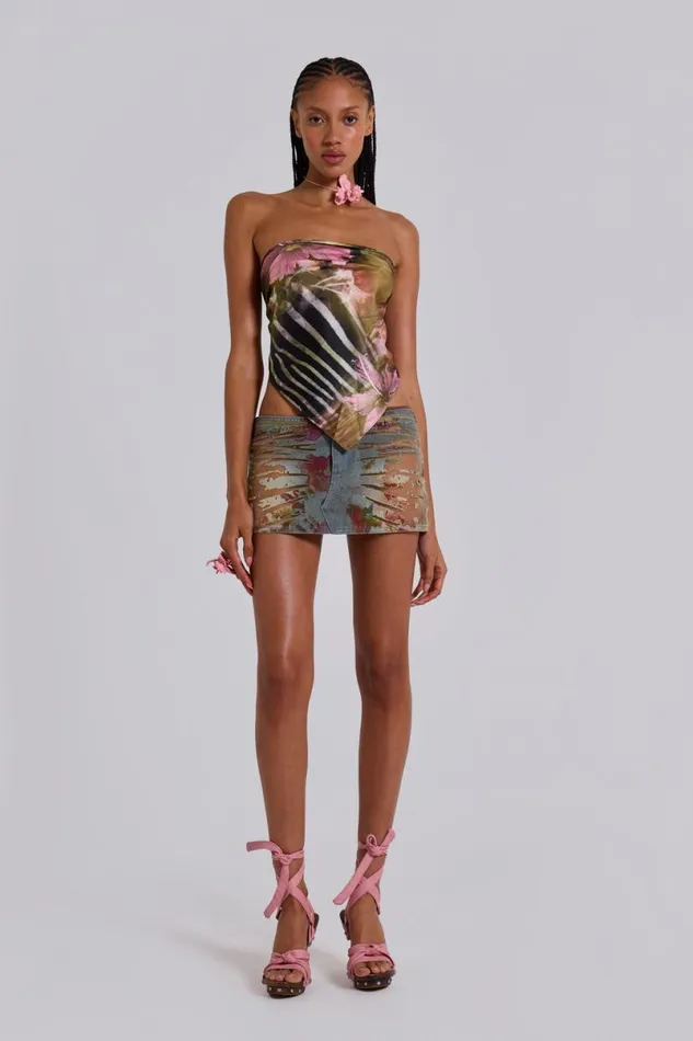 Jaded London Denim Skirts Women Lucid Burnout Denim Floral Micro Mini Skirt Floral