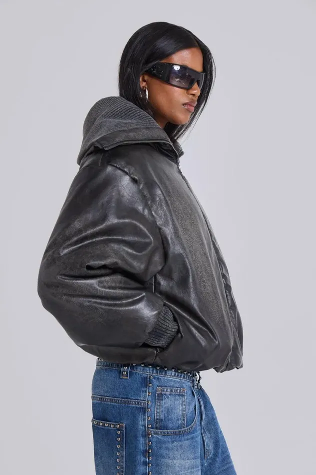 Jaded London Jackets Women Alloy Vegan Leather Bomber Jacket Black