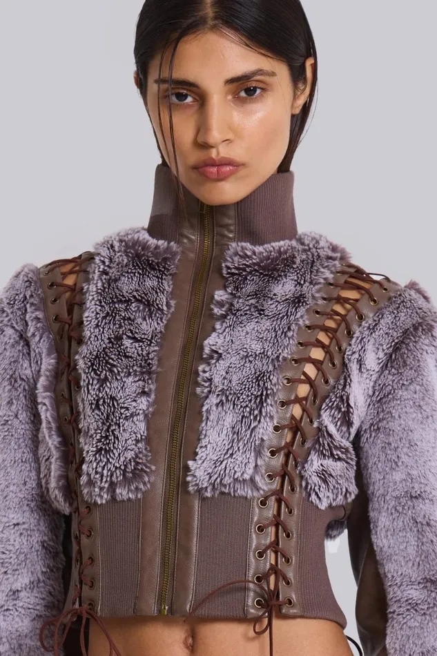 Jaded London Jackets Women Carlotta Faux Fur Lace Up Jacket Brown