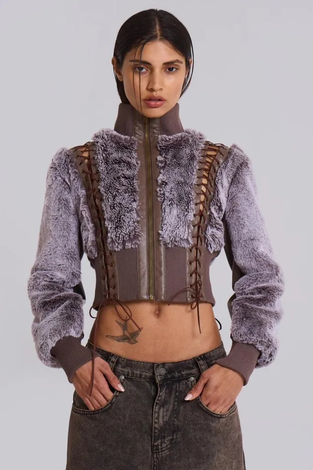 Jaded London Jackets Women Carlotta Faux Fur Lace Up Jacket Brown