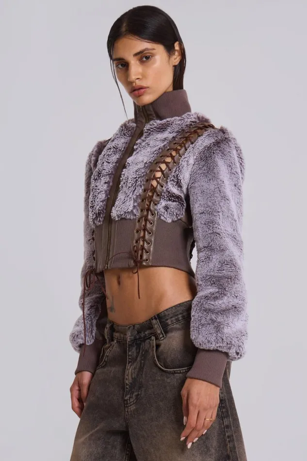 Jaded London Jackets Women Carlotta Faux Fur Lace Up Jacket Brown