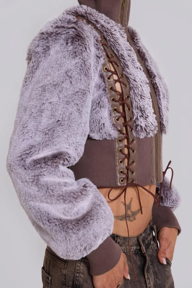 Jaded London Jackets Women Carlotta Faux Fur Lace Up Jacket Brown