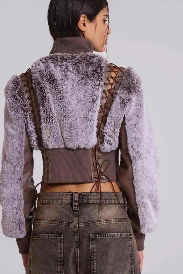 Jaded London Jackets Women Carlotta Faux Fur Lace Up Jacket Brown