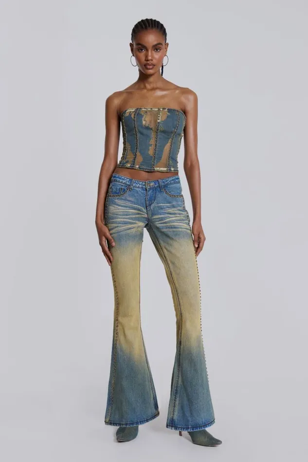 Jaded London Jeans Women Demure Studded Flared Jeans Blue