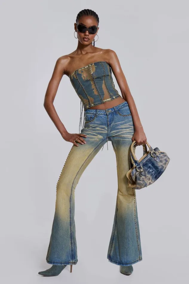 Jaded London Jeans Women Demure Studded Flared Jeans Blue