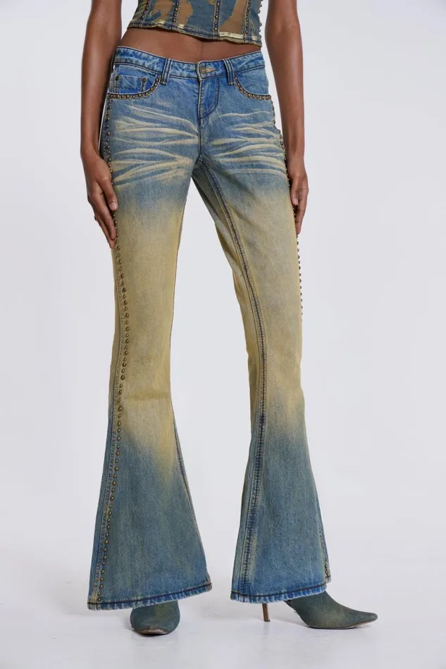 Jaded London Jeans Women Demure Studded Flared Jeans Blue