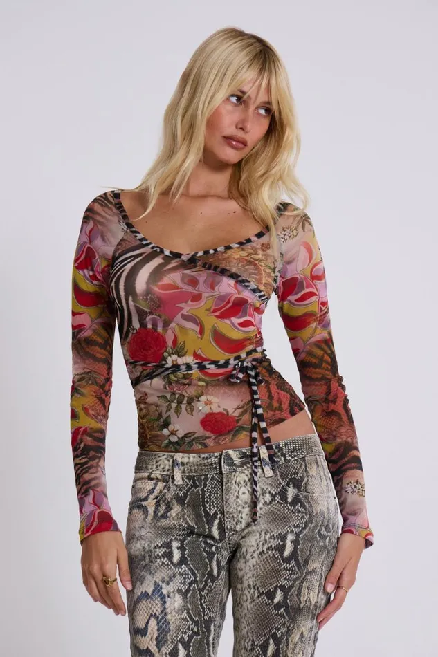 Jaded London Long Sleeve Tops Women Ascari Vintage Mesh Wrap Top Multi