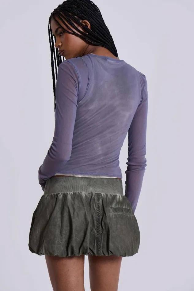 Jaded London Long Sleeve Tops Women Fiala Pearl Button Mesh Top Blue