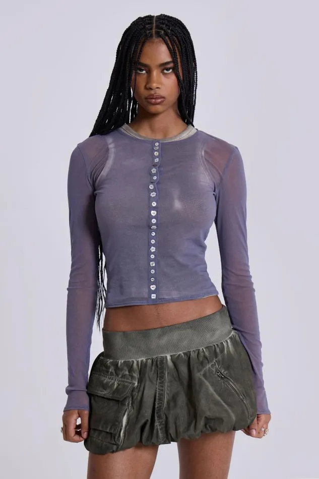 Jaded London Long Sleeve Tops Women Fiala Pearl Button Mesh Top Blue