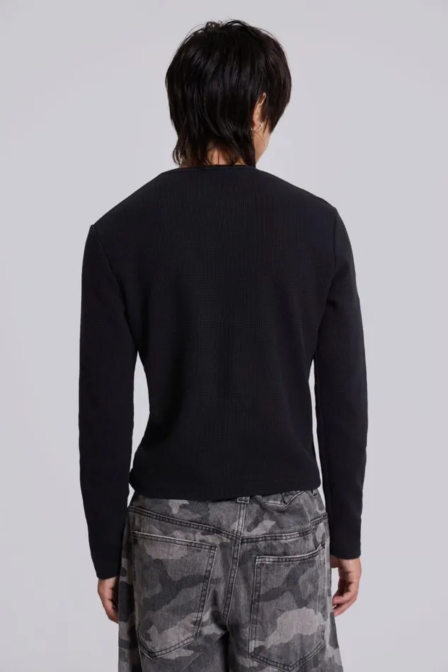 Jaded London TShirts and Vests Men Badge Waffle Long Sleeve Tshirt Black