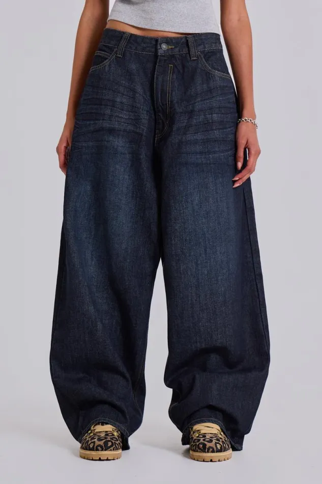 Jaded London Unisex UnisexMen Creased Indigo XL Colossus Jeans Blue