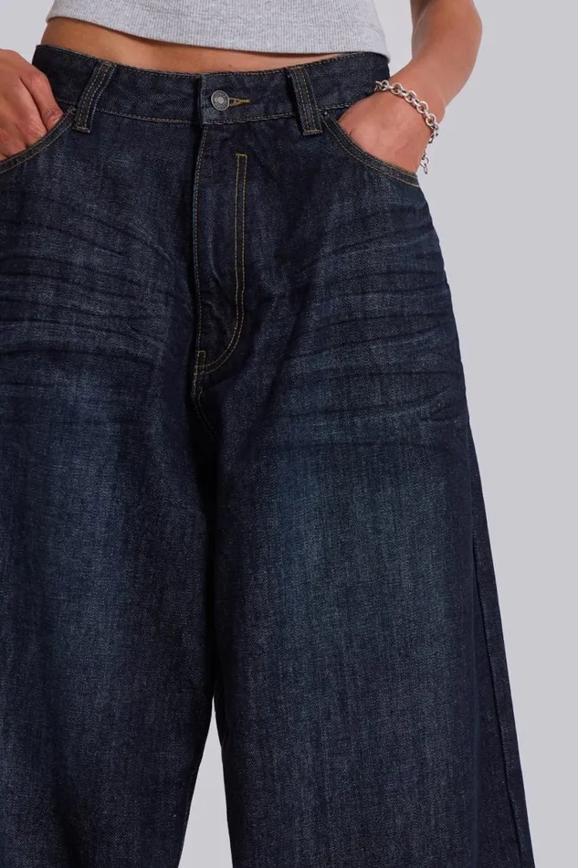 Jaded London Unisex UnisexMen Creased Indigo XL Colossus Jeans Blue