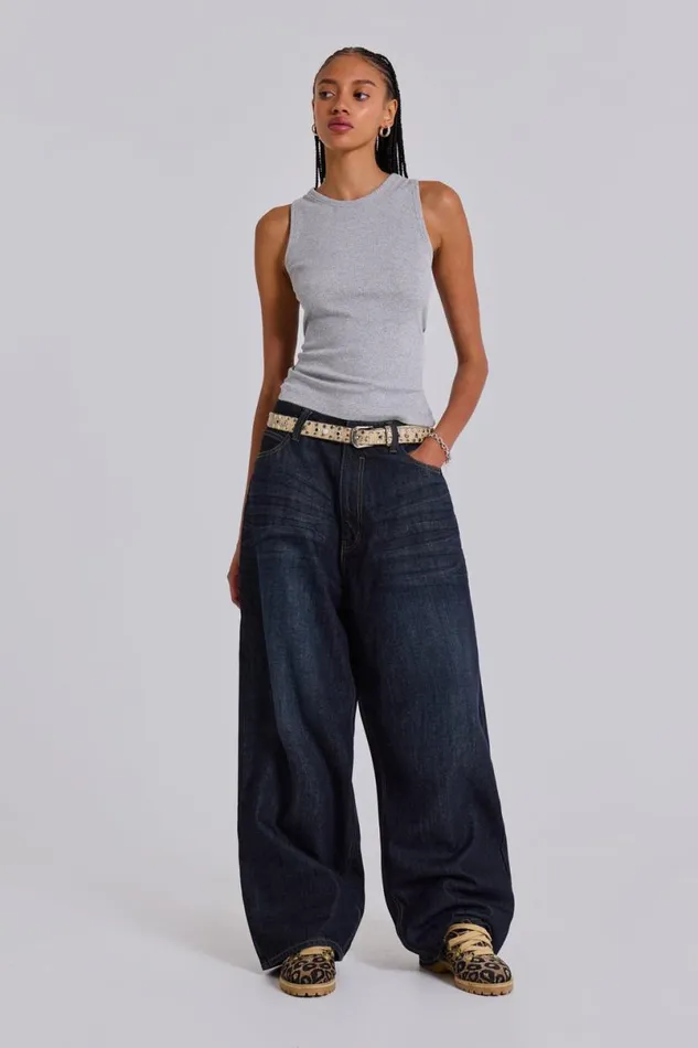 Jaded London Unisex UnisexMen Creased Indigo XL Colossus Jeans Blue