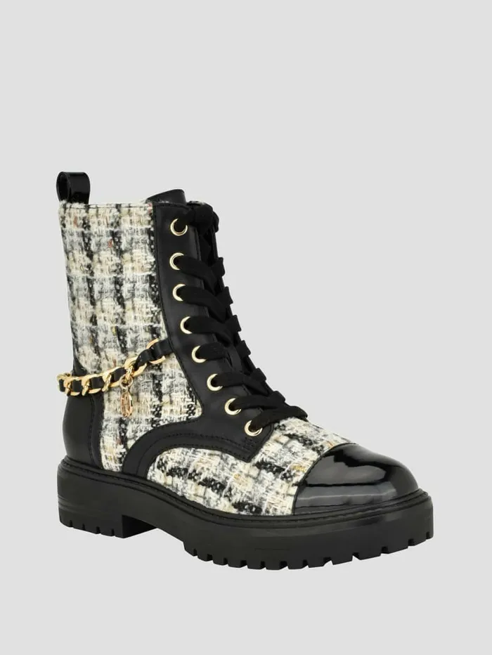 Jellarda Tweed Chain Moto Boots Black 002 Women Boots and Booties GUESS