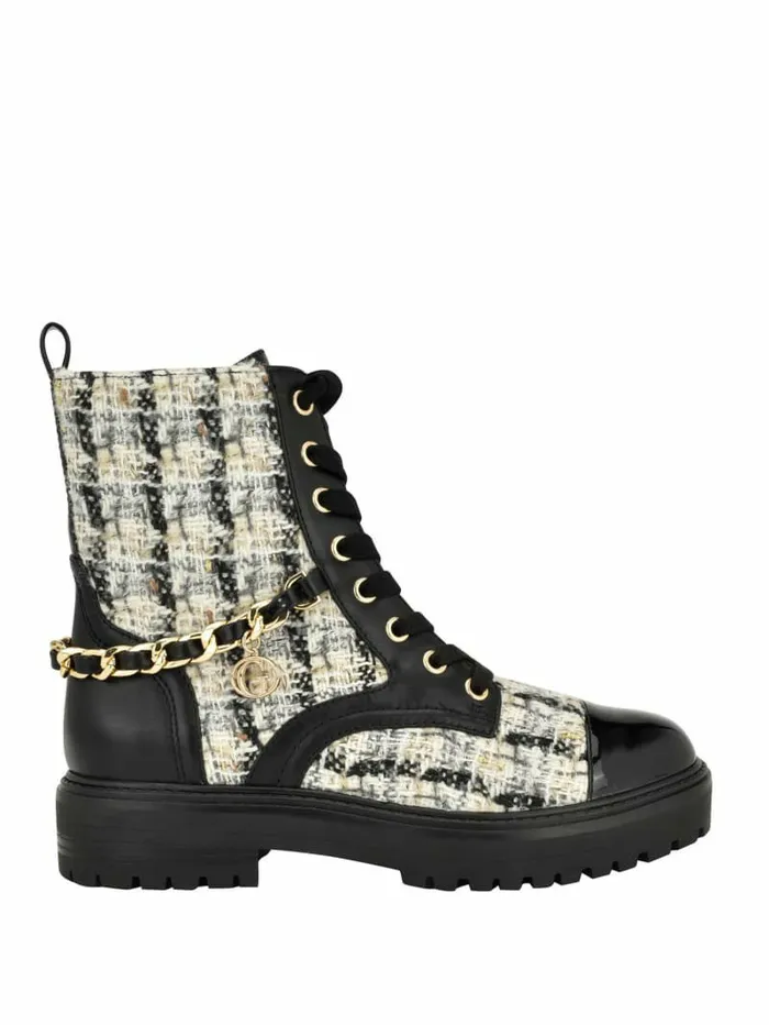 Jellarda Tweed Chain Moto Boots Black 002 Women Boots and Booties GUESS Jellarda Tweed Chain Moto Boots Black 002 Women Boots and Booties GUESS