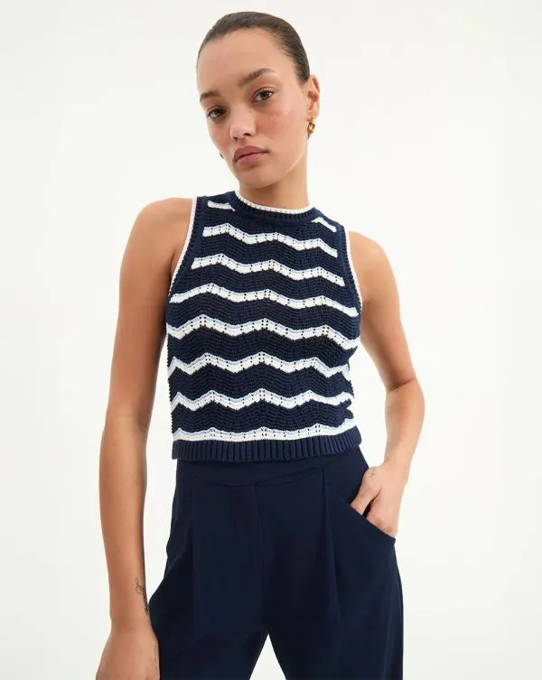 Jerrel Cropped Knit Tank Navyandoffwhiteandbluebell Women Veronica Beard Tops