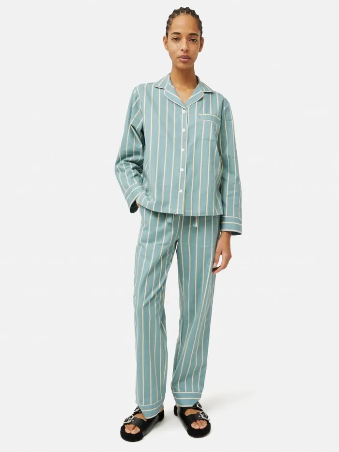 Jigsaw Brushed Twill Stripe Pyjamas Blue Women Pyjamas and Loungewear
