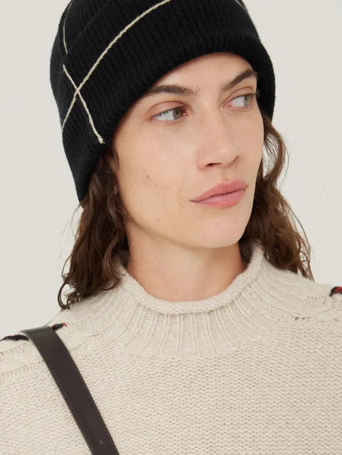 Jigsaw Contrast Stitch Beanie Black Women Knitwear and Cashmere
