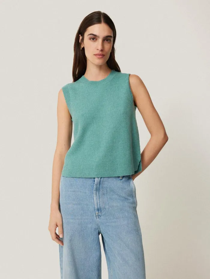 Jigsaw Cotton Blend Crew Tank Duck Egg Women Knitwear and Cashmere