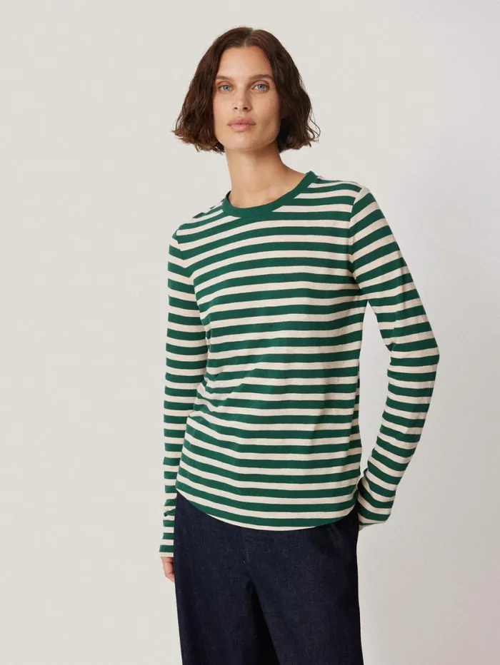 Jigsaw Cotton Slub Stripe Long Sleeve Tee Green Women Pyjamas and Loungewear