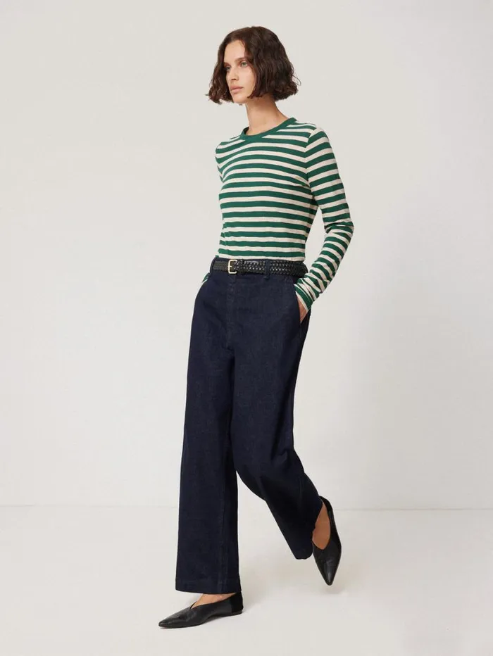 Jigsaw Cotton Slub Stripe Long Sleeve Tee Green Women Pyjamas and Loungewear