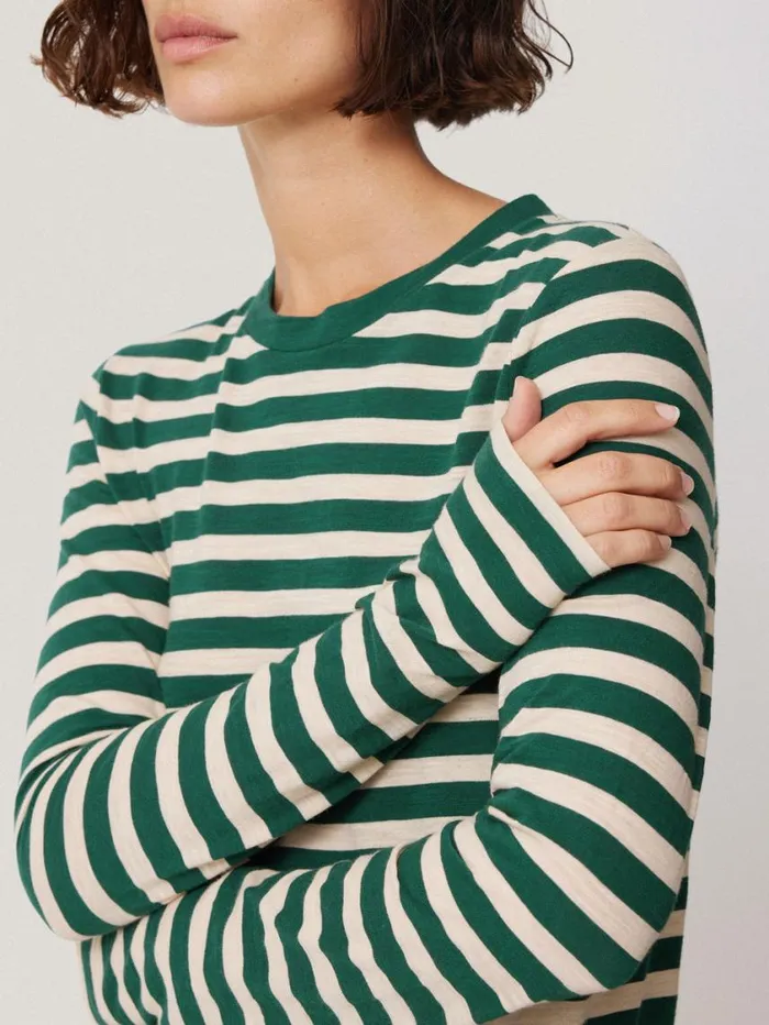 Jigsaw Cotton Slub Stripe Long Sleeve Tee Green Women Pyjamas and Loungewear