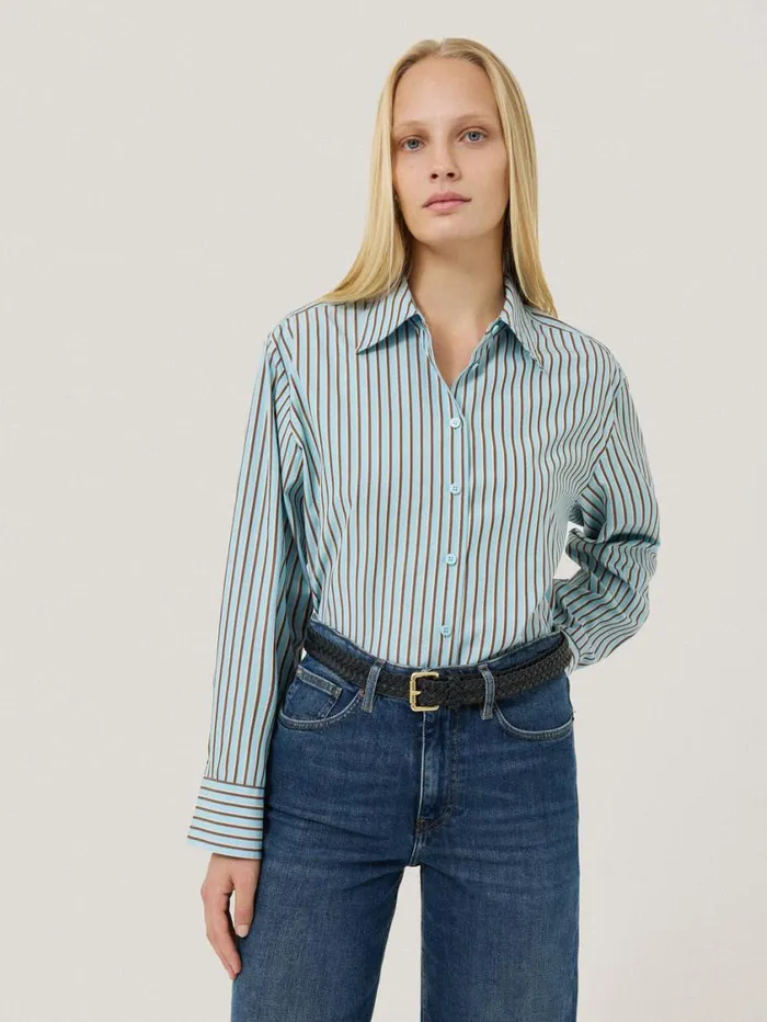 Jigsaw Cotton Stripe Shirt Blue Women Shirts and Tops