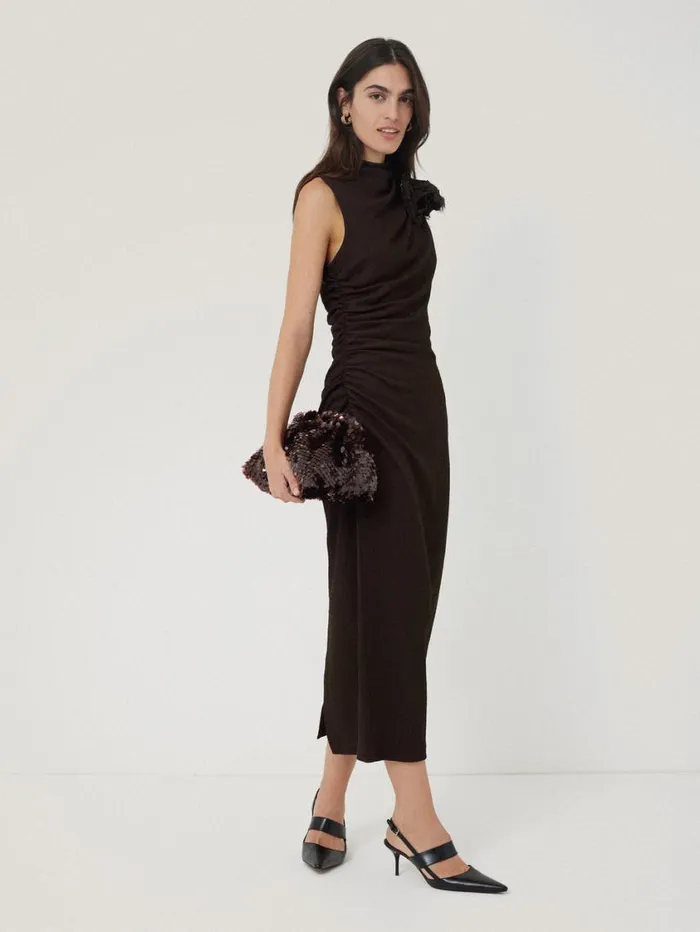 Jigsaw Crinkle Ruched Corsage Dress Dark Brown Women Party