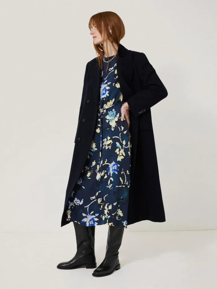 Jigsaw Hidden Floral Satin Dress Navy Women Party