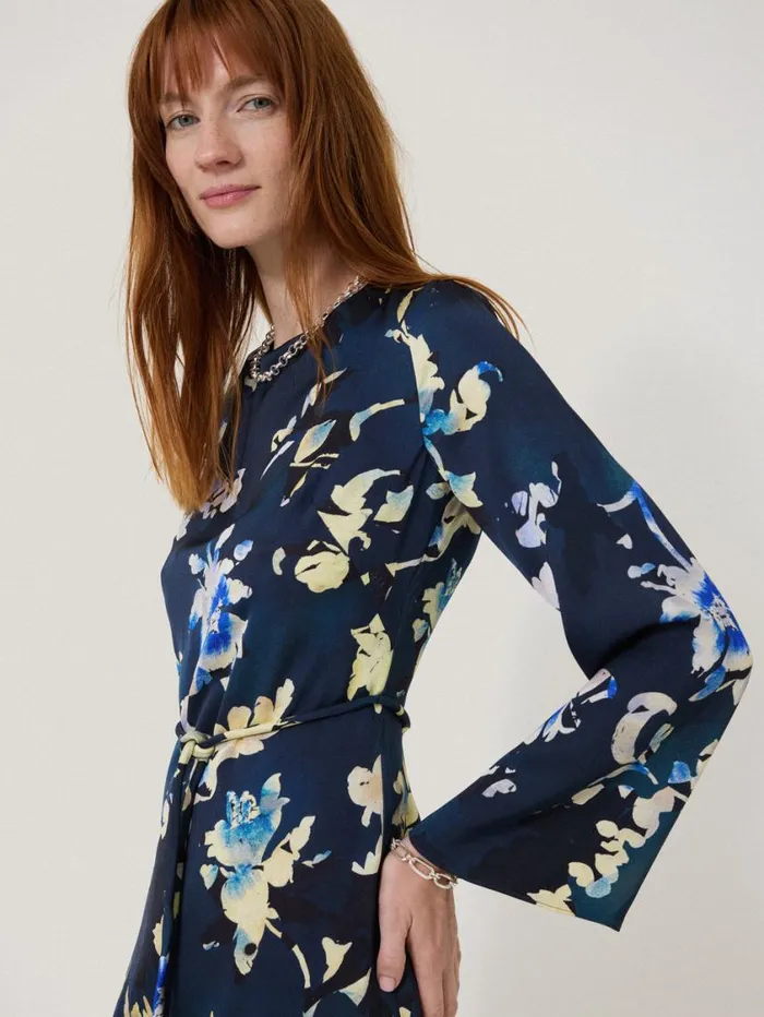 Jigsaw Hidden Floral Satin Dress Navy Women Party