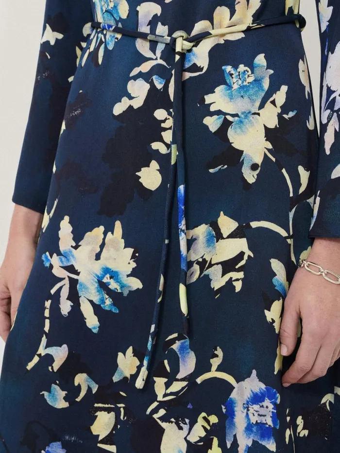 Jigsaw Hidden Floral Satin Dress Navy Women Party