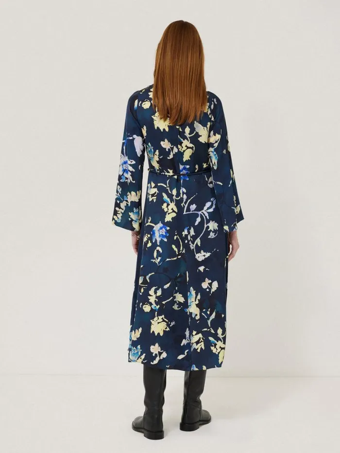 Jigsaw Hidden Floral Satin Dress Navy Women Party