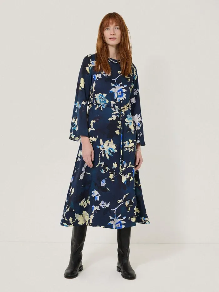 Jigsaw Hidden Floral Satin Dress Navy Women Party