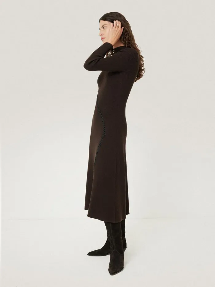 Jigsaw Lattice Trim Knitted Dress Brown Women Knitwear and Cashmere