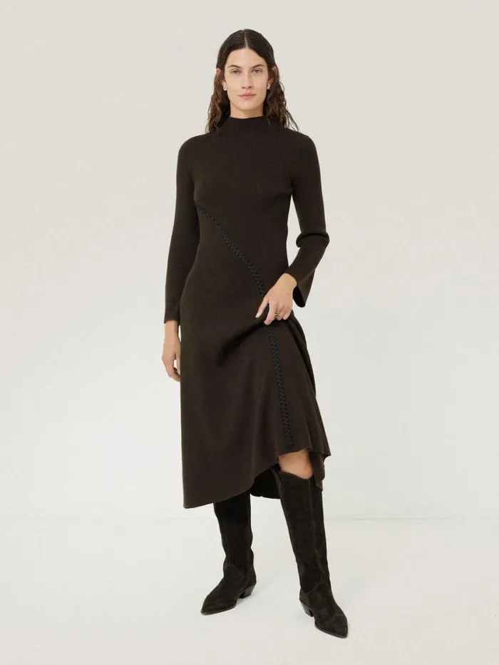 Jigsaw Lattice Trim Knitted Dress Brown Women Knitwear and Cashmere